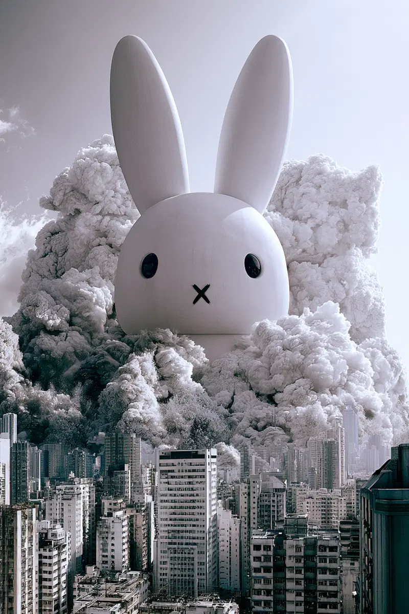 Giant surreal rabbit figure emerging from clouds above urban cityscape
