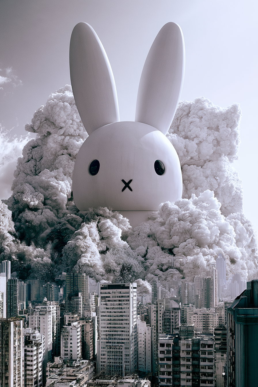 A massive white cartoon-style rabbit head with large ears and simple facial features looming over a dense city with tall buildings, surrounded by thick billowing clouds