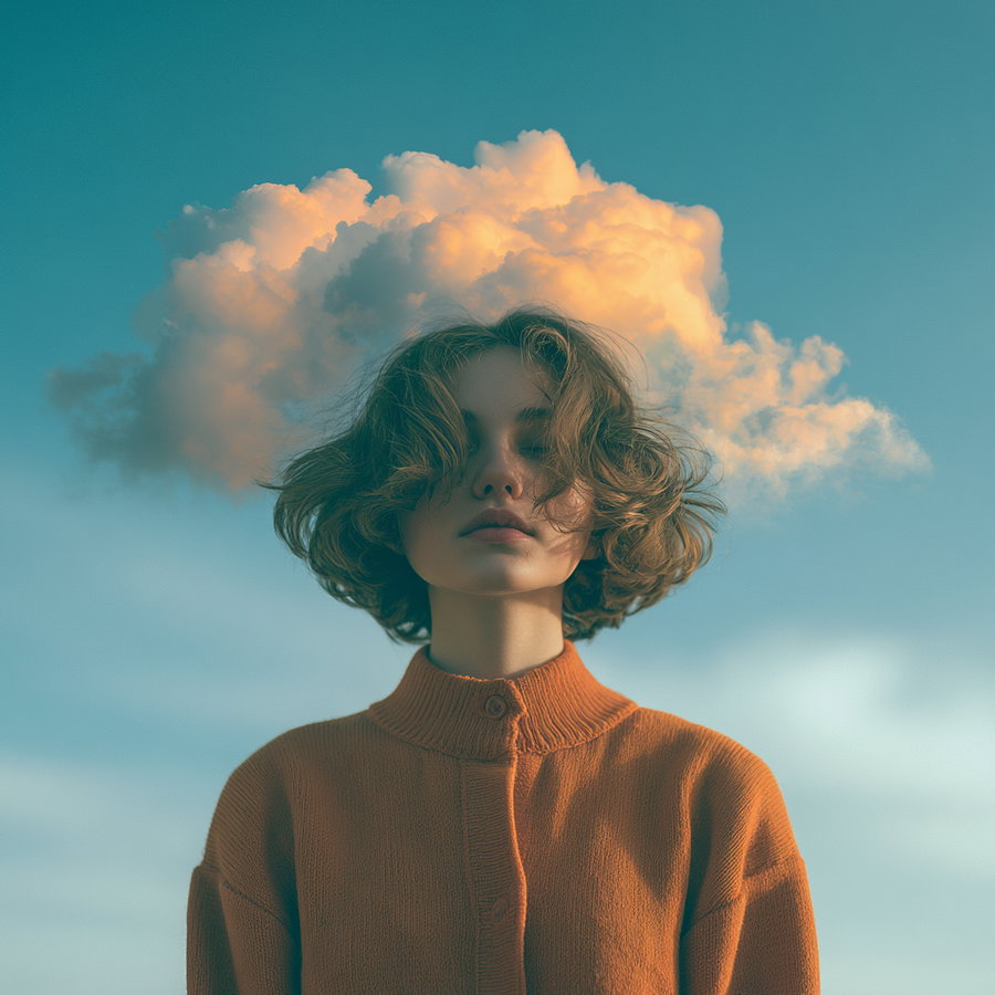 A photo of a person with short curly hair and an orange sweater, with a large cloud positioned behind their head against a blue sky background