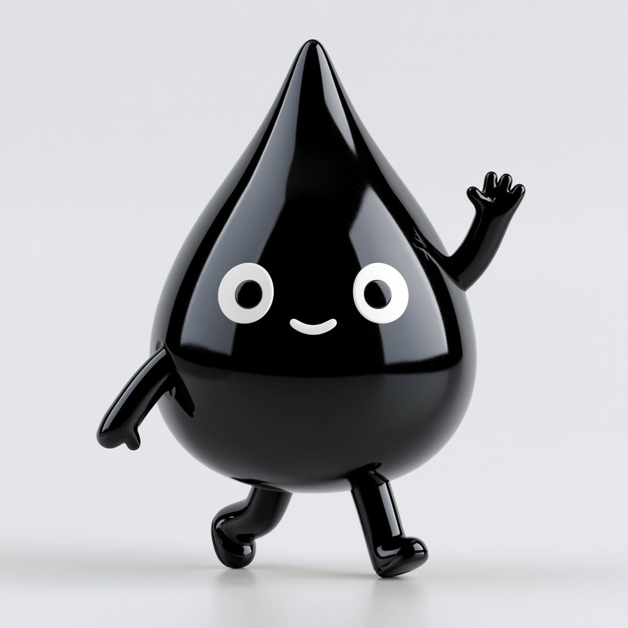 A shiny black droplet-shaped character with arms and legs, smiling with big white eyes, waving one hand and walking against a plain light background