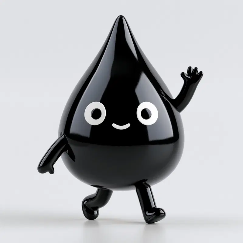 Cute black droplet character waving and walking with a glossy finish