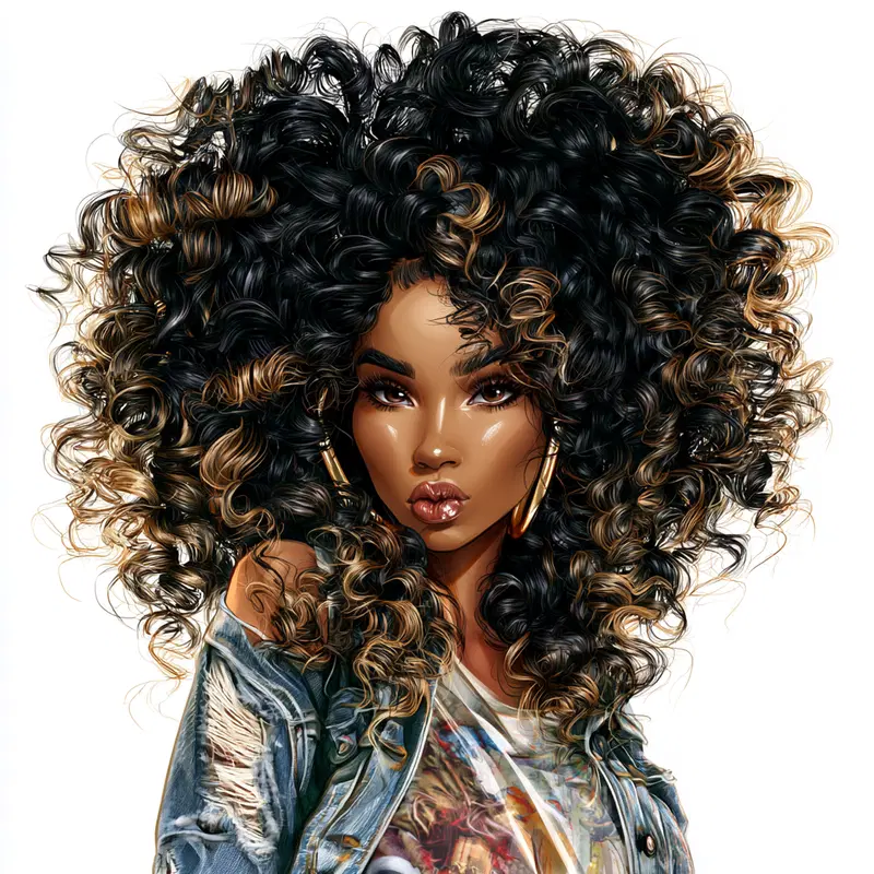 Digitally illustrated portrait of a woman with voluminous curly hair and denim jacket