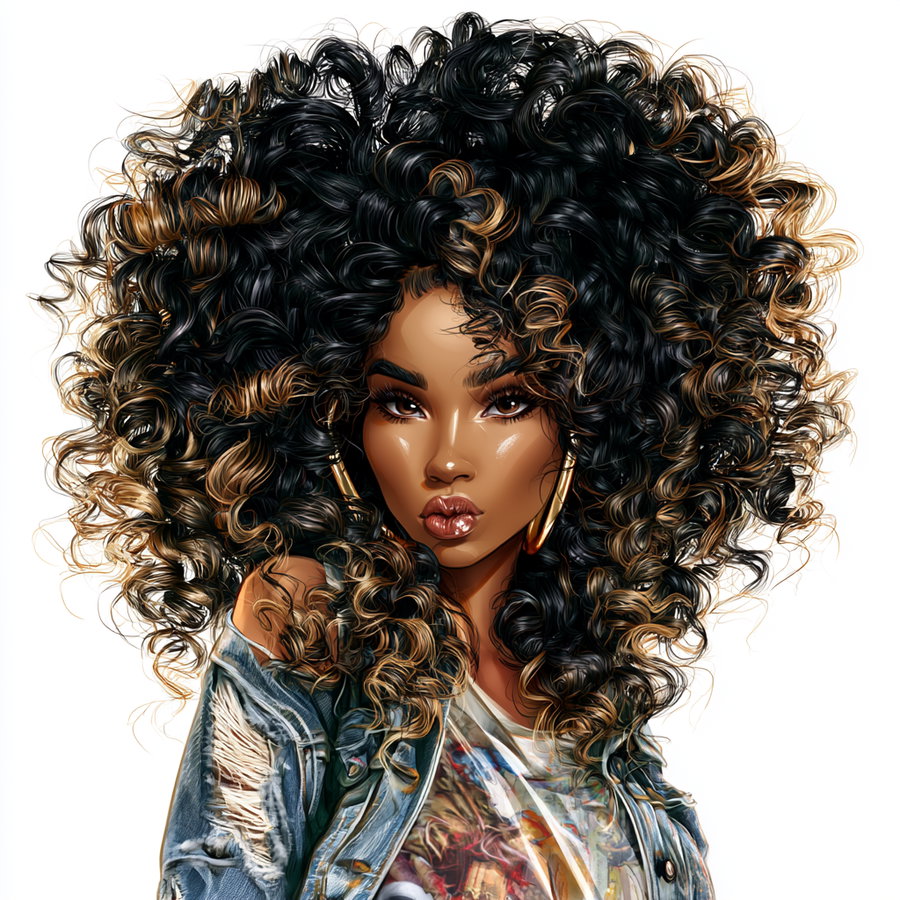 A digital artwork of a woman with large curly hair highlighted with brown streaks, wearing hoop earrings, a ripped denim jacket and a colorful printed top