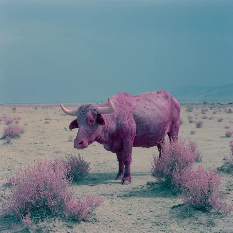 Surreal image of a pink bull standing in a desert with pink shrubs