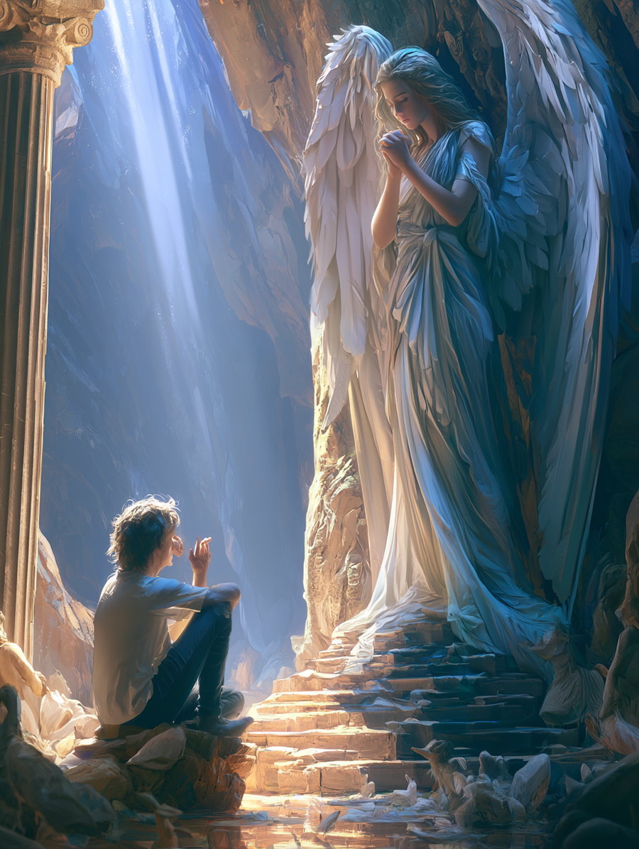 A young person sitting with arms resting on knees, looking towards a large angel statue with folded hands, both illuminated by light beams inside a rocky cavern with stone stairs and scattered small statues