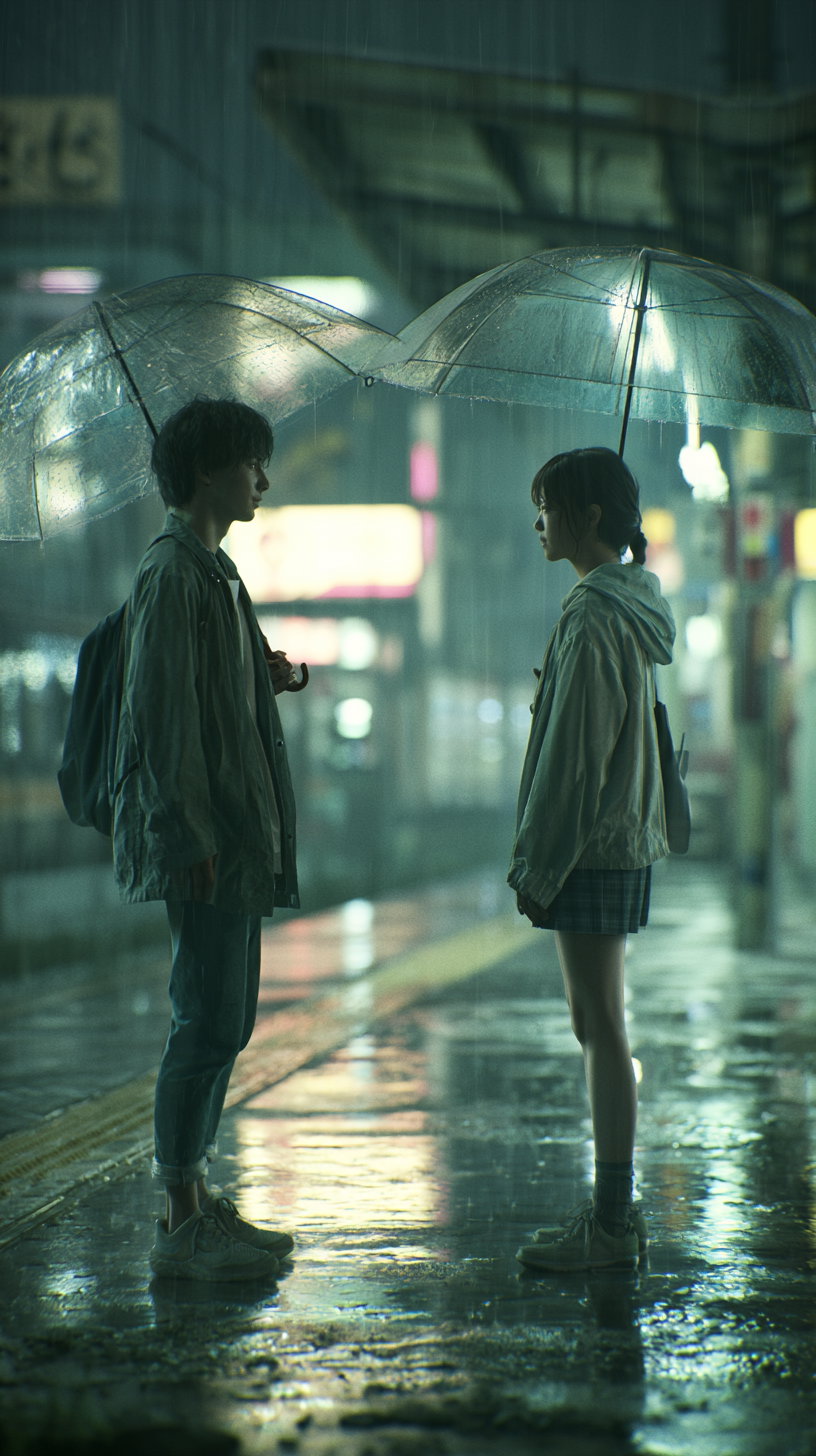 Two young individuals facing each other on a wet street at night under clear umbrellas, with reflections and city lights in the background