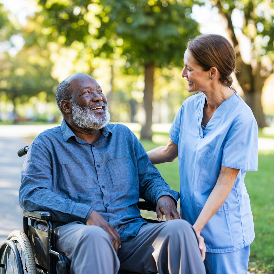 An elderly man with a beard sitting in a wheelchair outdoors smiling at a smiling nurse in blue scrubs who is holding his arm and knee