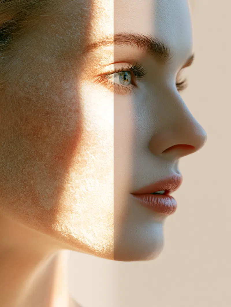 Close-up side view of a woman’s artistic portrait with dramatic lighting