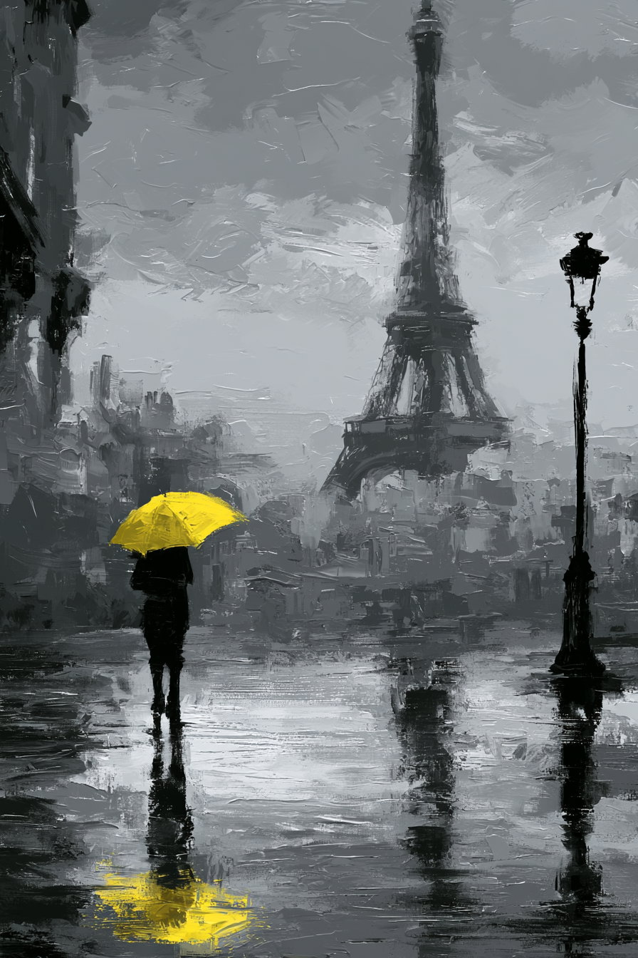 Acrylic style painting with heavy brush strokes showing a person standing with a bright yellow umbrella on a rainy street near the Eiffel Tower, reflected on the wet ground, with a lamppost nearby