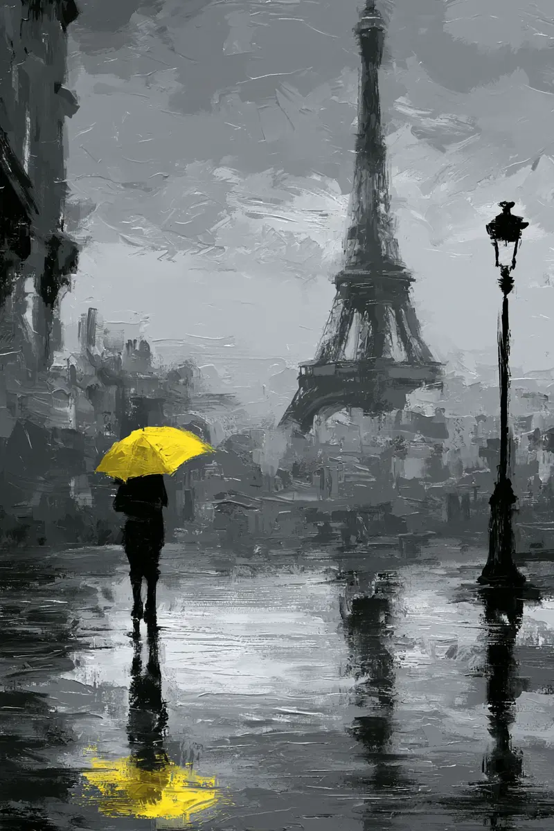 Acrylic painting of a person with a yellow umbrella near the Eiffel Tower in rainy Paris