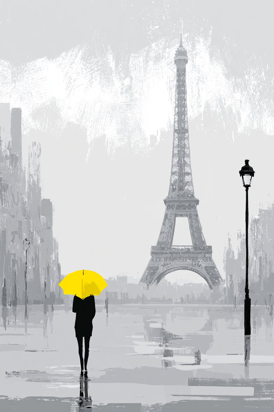 A digital painting featuring a lone person holding a bright yellow umbrella standing on a reflective wet surface, with the Eiffel Tower in the background and a street lamp to the right, in a predominantly gray palette.