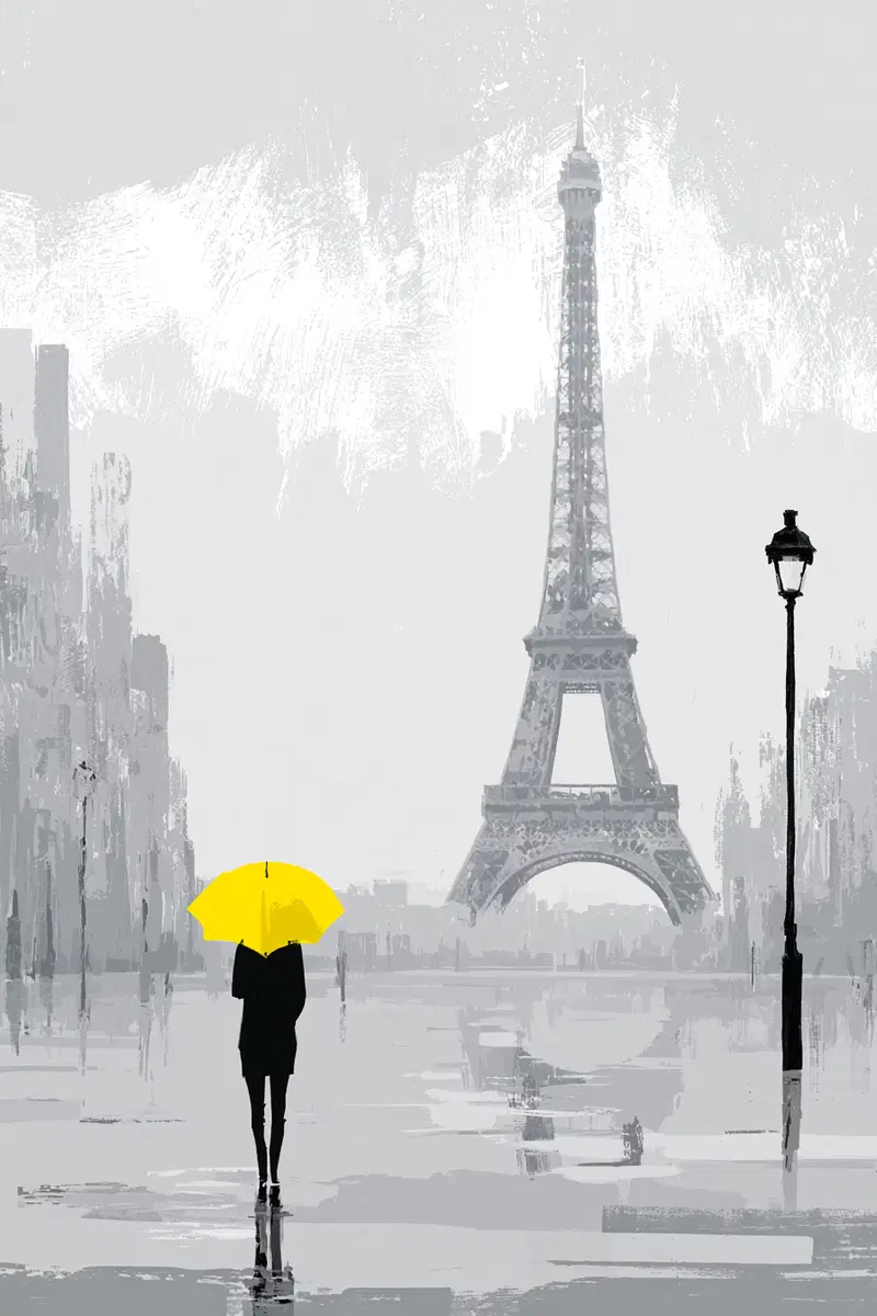 Digital painting of a solitary figure with a yellow umbrella near the Eiffel Tower