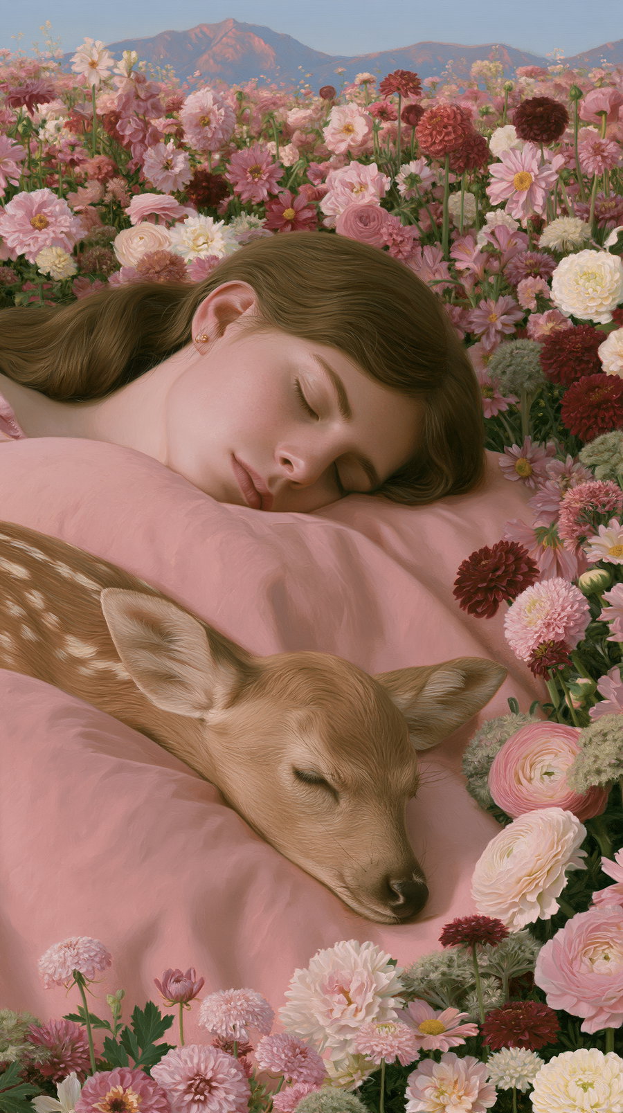 A detailed portrait of a young woman with closed eyes resting her head on a pink pillow, next to a sleeping fawn, both surrounded by abundant pink, white, and red flowers with mountains in the background