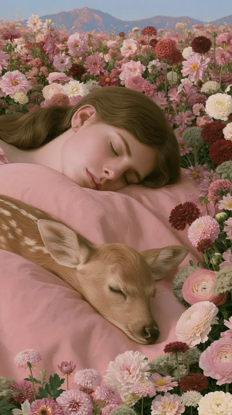 Realistic Portrait Painting of a Woman and a Fawn Sleeping Among Flowers