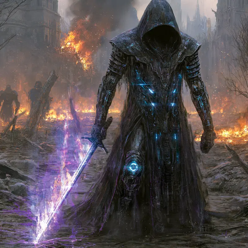 Concept art of a futuristic armored warrior with a glowing sword in a fiery ruined cityscape