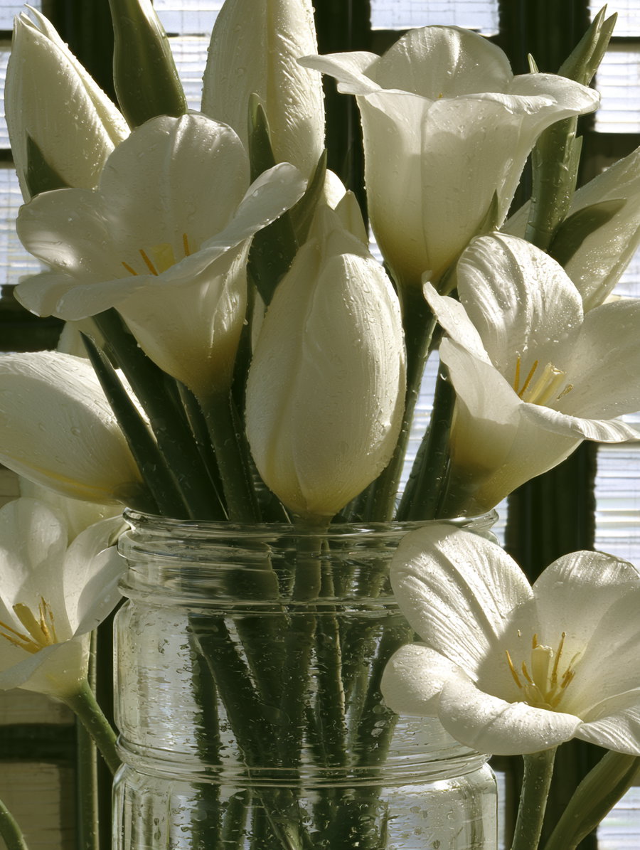 White tulip flowers and buds in a glass jar with visible water droplets on petals and stems in front of a window