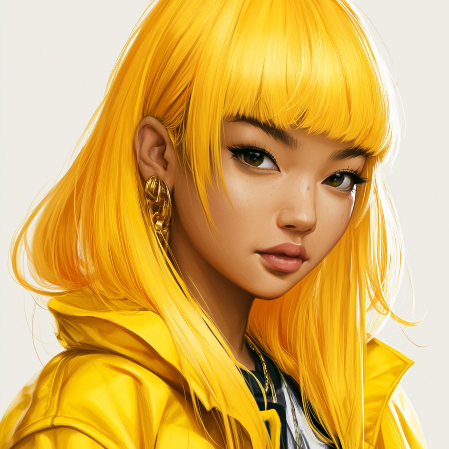 A digital painting of a woman with long bright yellow hair and matching yellow jacket, golden earrings, and a subtle natural makeup look on a plain light background