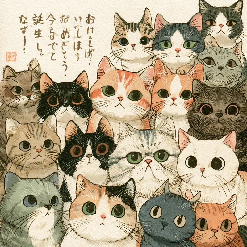 Illustration of a group of various adorable cats with Japanese text