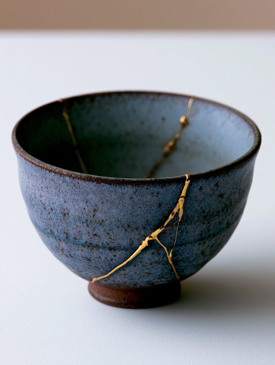 A blue ceramic bowl repaired with visible gold lacquer lines on a white surface