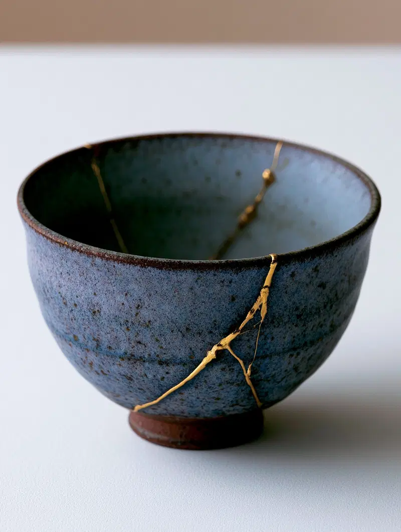 Blue ceramic bowl repaired with gold lacquer in the kintsugi style