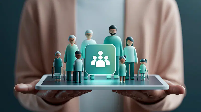Digital illustration of diverse group of people on a tablet held in hands