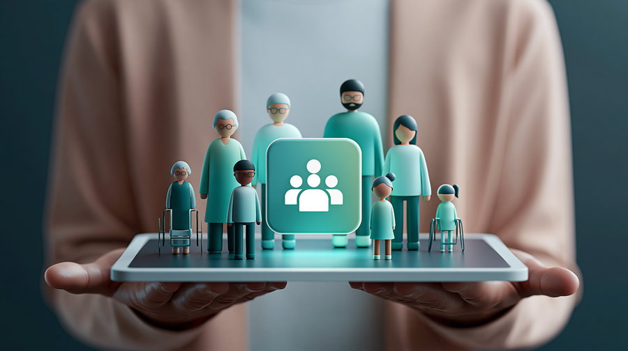 Person holding a tablet displaying stylized digital figures representing a diverse group of people in teal colors