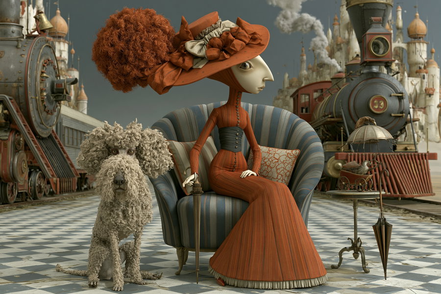 A stylized woman wearing an orange hat with large pom-poms and an elegant long orange dress, sitting on a blue-striped armchair, holding an umbrella. Next to her is a curly-haired dog. They are in a detailed, vintage train station with steam trains and ornate architecture.