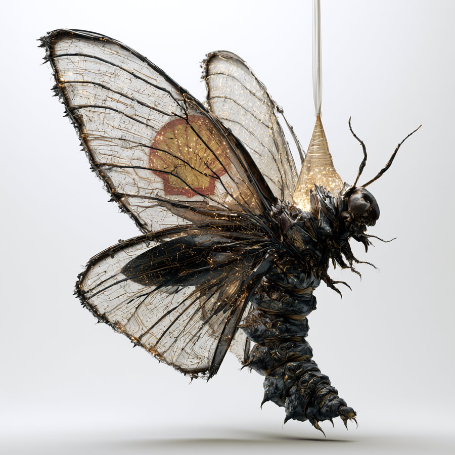 A close-up of a highly detailed sculpture resembling a large insect, featuring translucent wings with dark veins and a segmented, textured body suspended by a string.