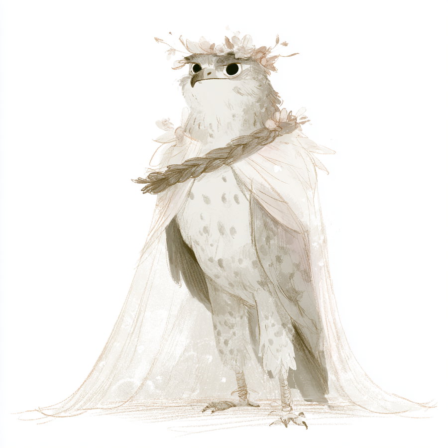 Illustration of a bird standing upright with a flower crown and a flowing cape, looking regal and expressive