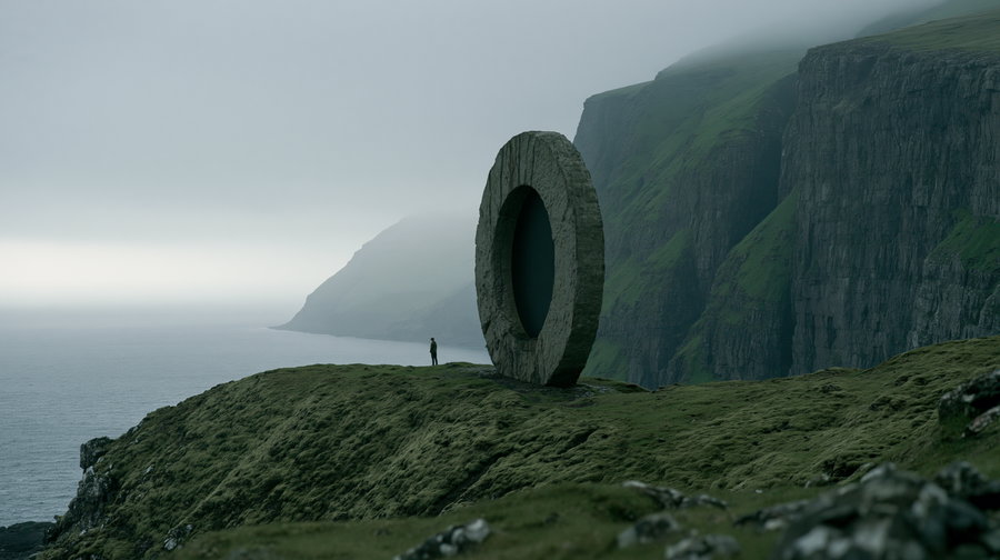 A massive circular stone sculpture with a hollow center situated on a grassy cliff overlooking the sea, with fog and steep cliffs in the background and a person standing nearby.