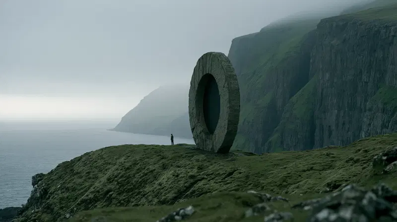 Large circular stone art installation on misty cliffside by ocean