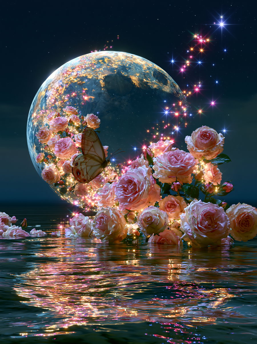 Fantasy artwork featuring glowing pink roses and a delicate butterfly near a luminous Earth with sparkling lights, reflected on calm water under a dark starry sky