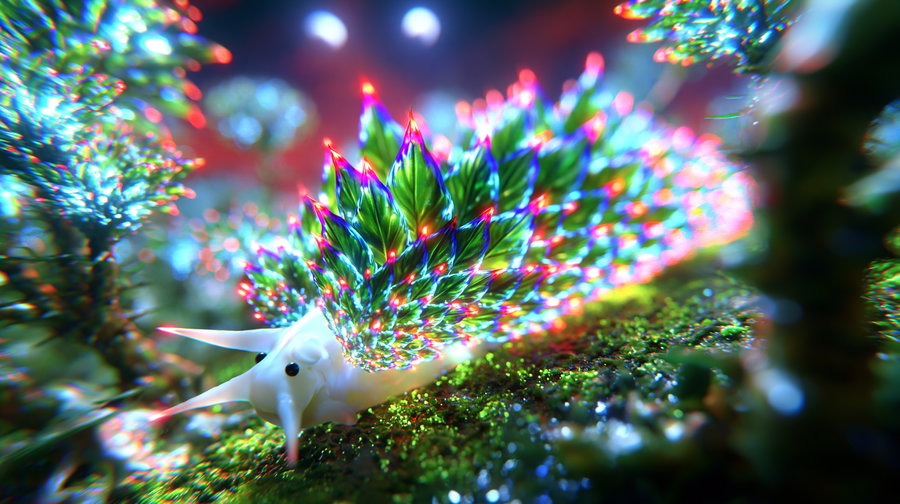 A close-up digital artwork of a white fantastical creature with leaf-shaped appendages glowing in multiple colors, set against a blurred natural background with green moss and light bokeh.