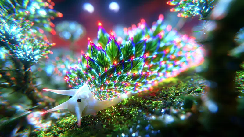 A vibrant digital illustration of a fantastical creature with glowing leaf-like structures