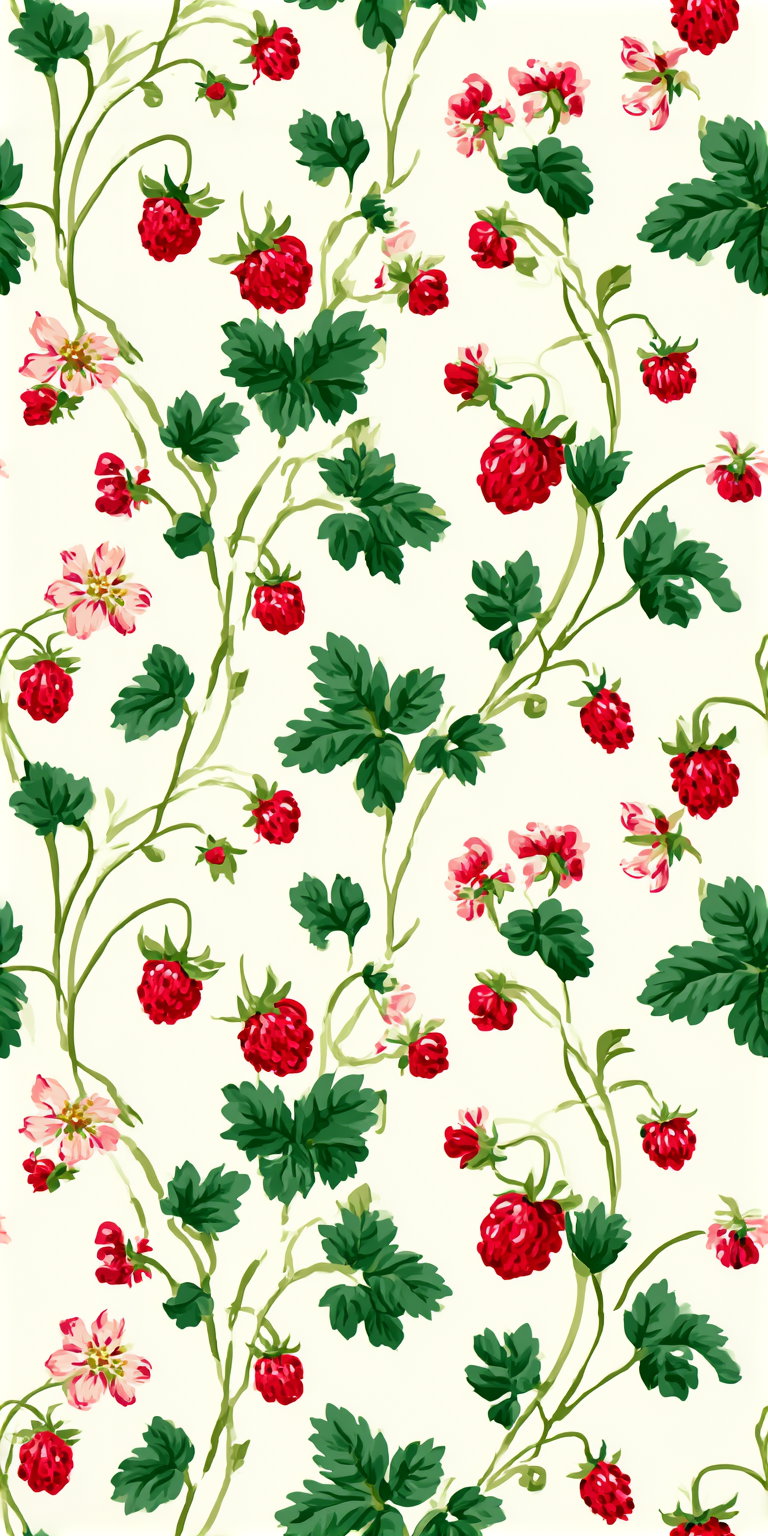 a pattern of wild strawberries with red berries, green leaves, and pinkish flowers on intertwined green stems on a white background