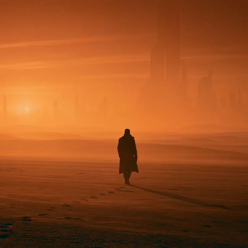 Futuristic cityscape at sunset with a lone figure walking on the barren ground