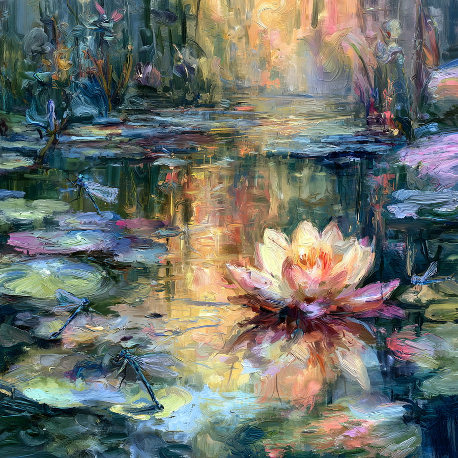 Oil painting depicting a serene pond scene with water lilies, dragonflies, and lush foliage reflected in the water, rendered in vibrant and textured brushstrokes.