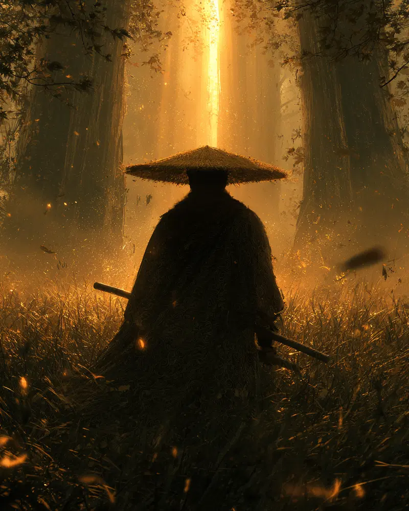 Silhouetted Samurai Figure with Straw Hat in Mystical Forest Light