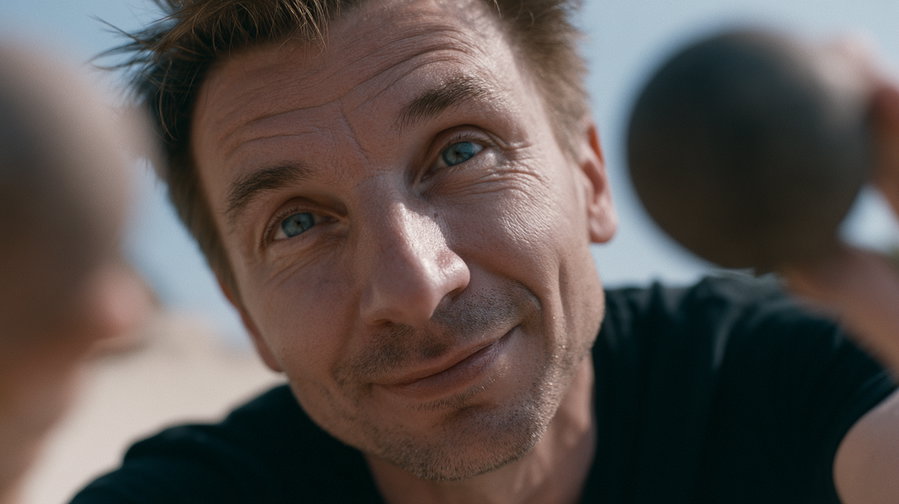 Close-up image of a man's face with light stubble and blue eyes, holding two blurred round objects near his face.
