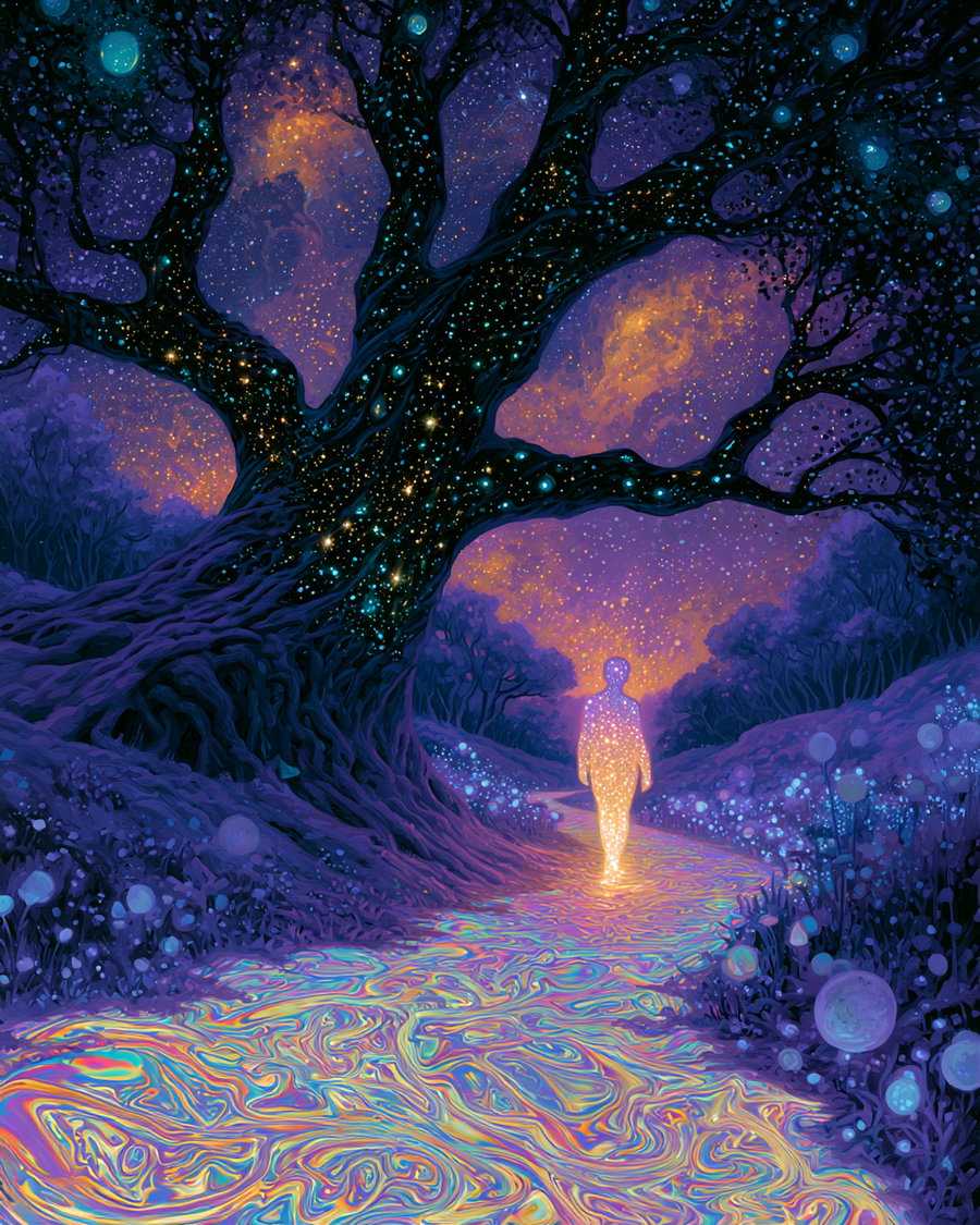 A surreal painting depicting a glowing humanoid figure walking on a vibrant, swirling, multicolored path. The scene features a large tree with dark branches filled with star-like lights against a purple and orange sky, surrounded by glowing orbs and foliage.
