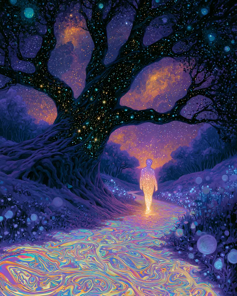 Surreal glowing figure walking on a colorful swirling path under a starry tree