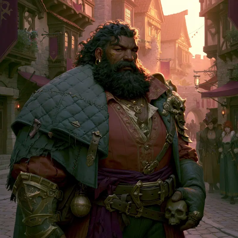 Detailed character design of a bearded warrior holding a skull in a medieval town