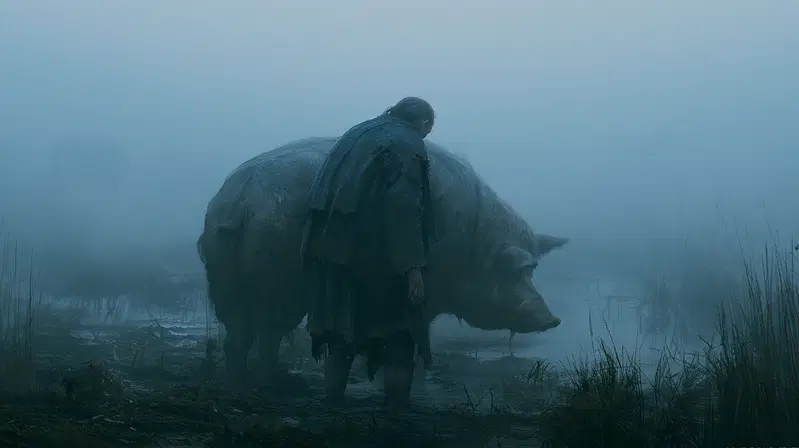 Atmospheric scene of a person and a large pig in a misty wetland
