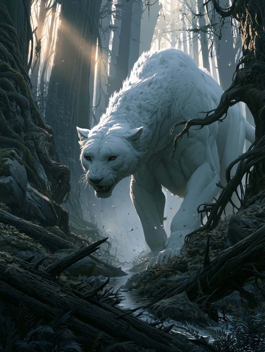 A large white panther with a fierce expression walks along a small stream in a dense forest with tall trees and tangled branches under soft sunlight.