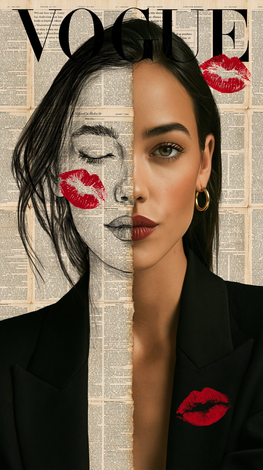 Split image of a woman where the left side is a black and white sketch on newspaper pages with red lipstick prints and the right side is a realistic photo of the woman wearing a black blazer with a red lipstick print on it