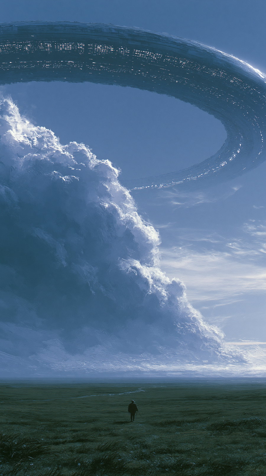 A lone person walking on a dark green grassy plain under a vast sky with large fluffy clouds and a giant illuminated ring hovering in the sky