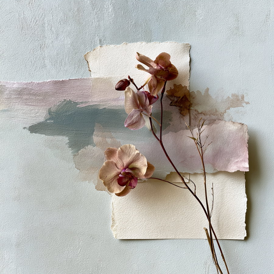 Close-up of a botanical illustration featuring an orchid with soft pink and beige tones on textured paper, layered with watercolor washes in muted shades