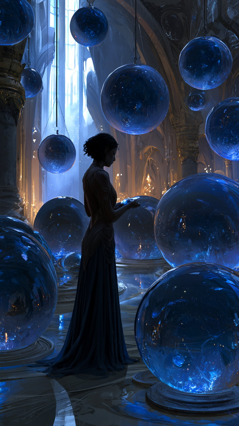 A silhouetted woman in a long dress stands in an ornate hall filled with large glowing blue spheres suspended and placed on pedestals, with light streaming through tall windows.