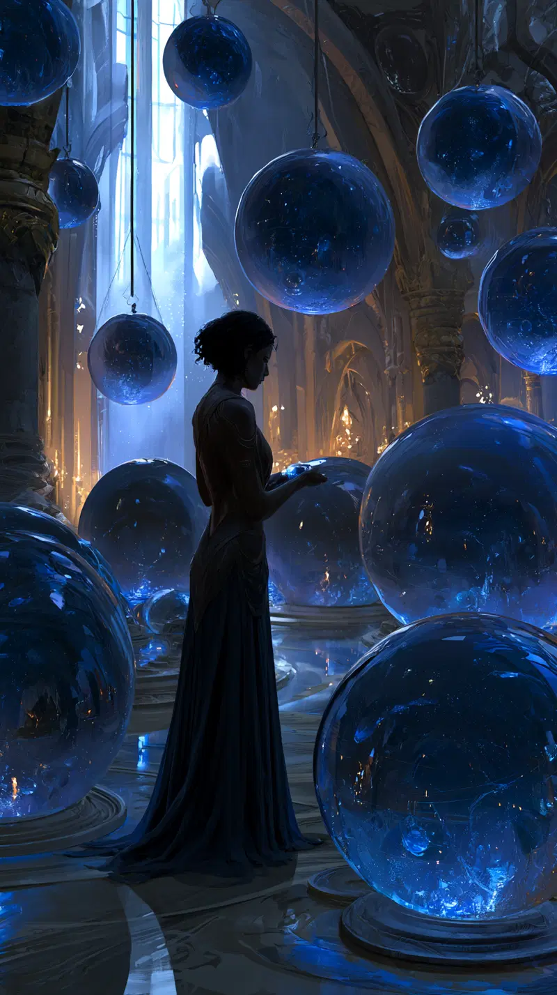 A mysterious woman in a grand hall surrounded by glowing blue spheres