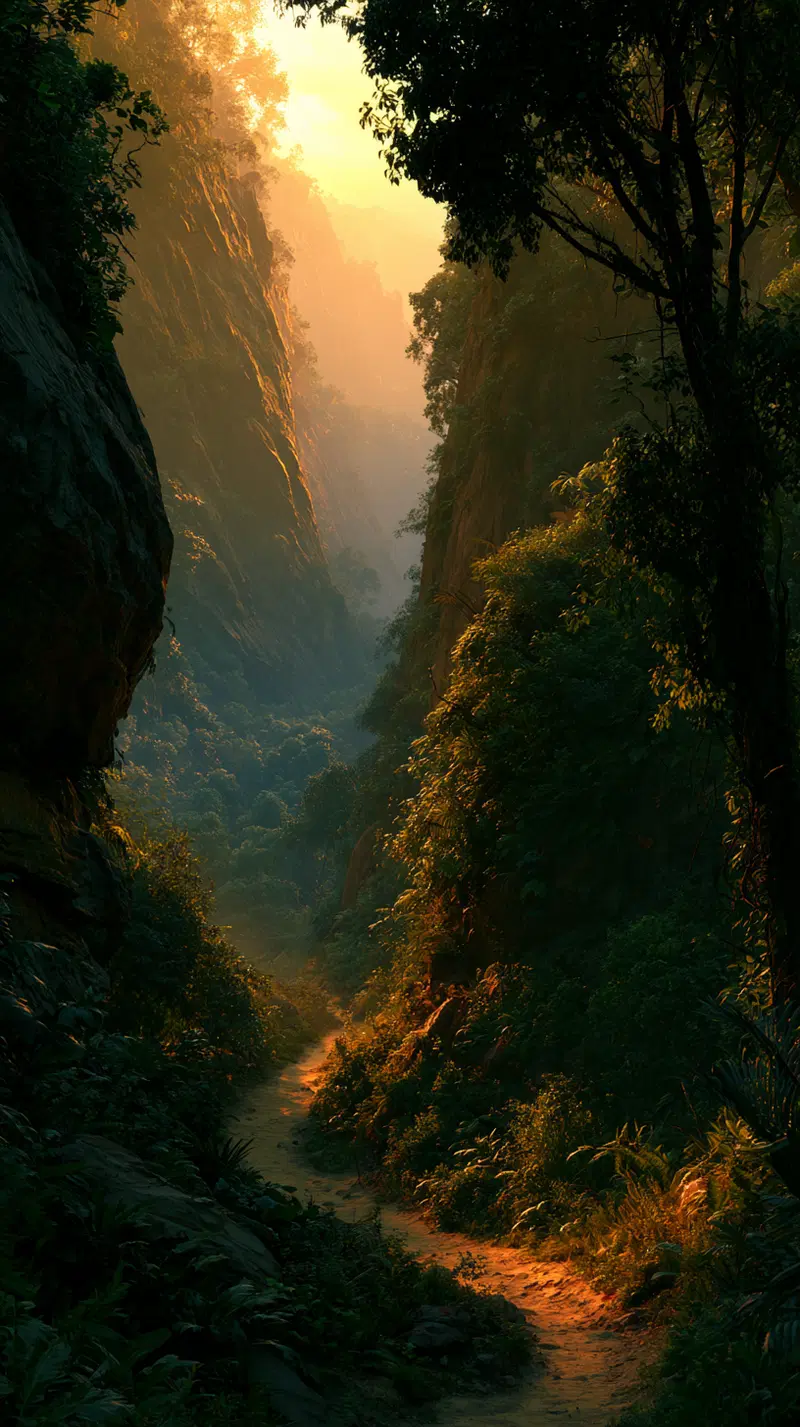Sunlit narrow path winding through lush landscape cliffs and greenery